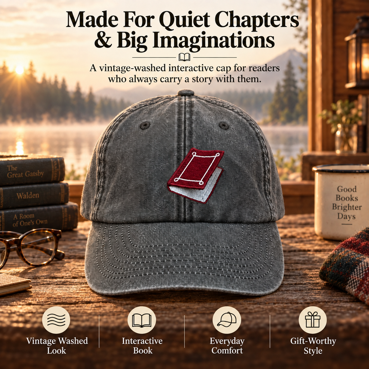 Vintage washed reader cap with embroidered interactive book detail