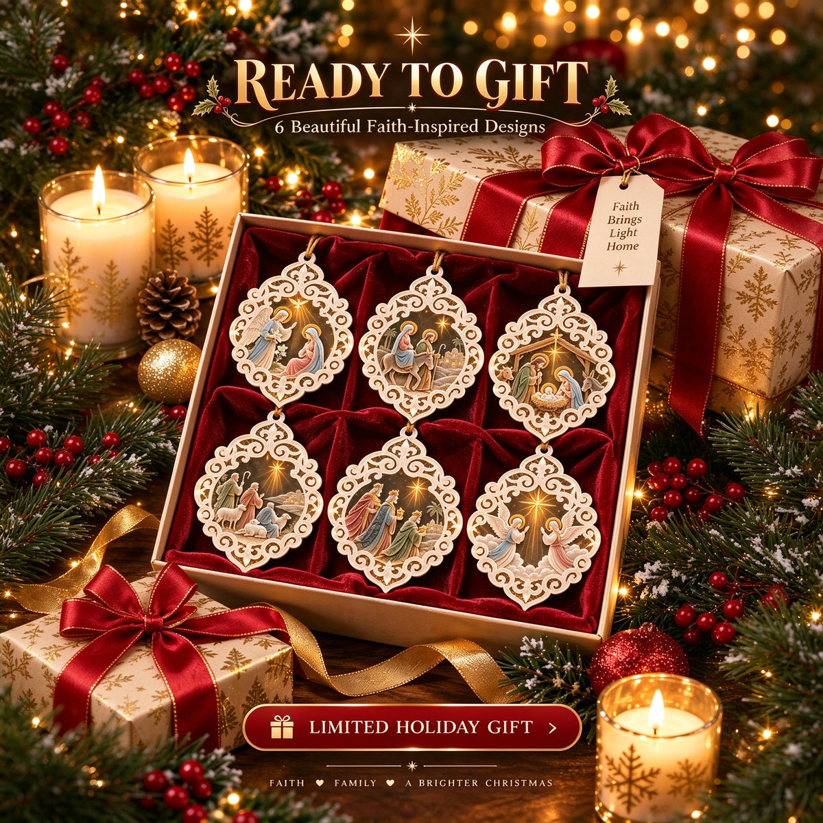 Nativity ornaments arranged in a gift-ready presentation
