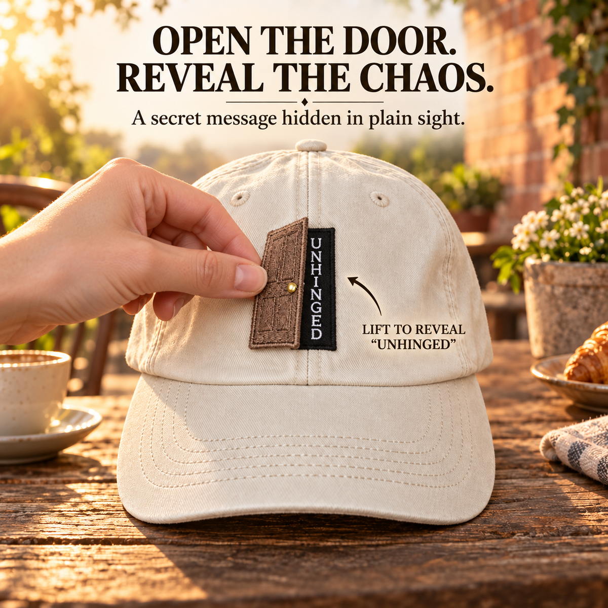 Hand opening the embroidered door to reveal the hidden UNHINGED message