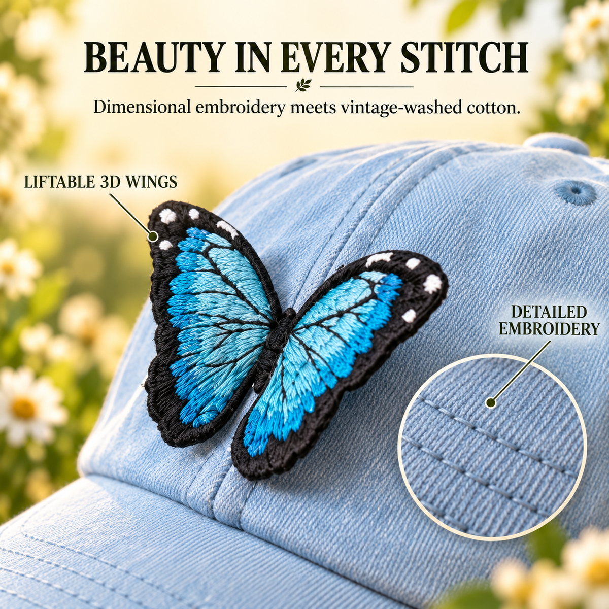 Close-up of layered blue butterfly embroidery and vintage washed cotton texture