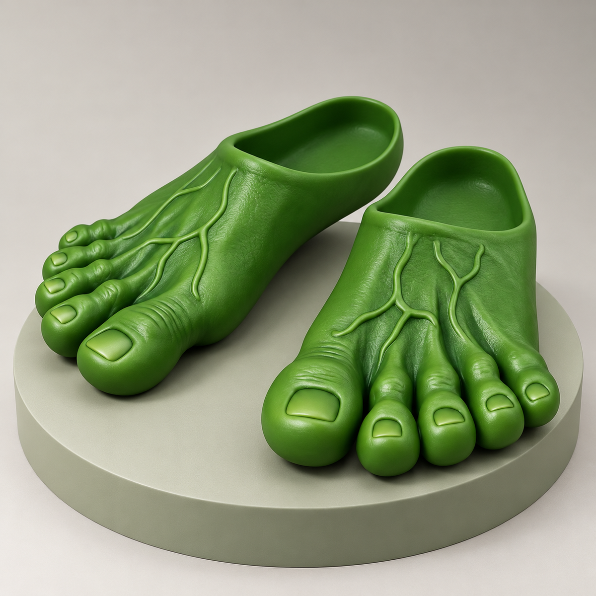 Green Giant Toe Slippers pair on display