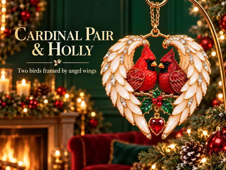 Cardinal pair angel wing heart ornament in a Christmas setting
