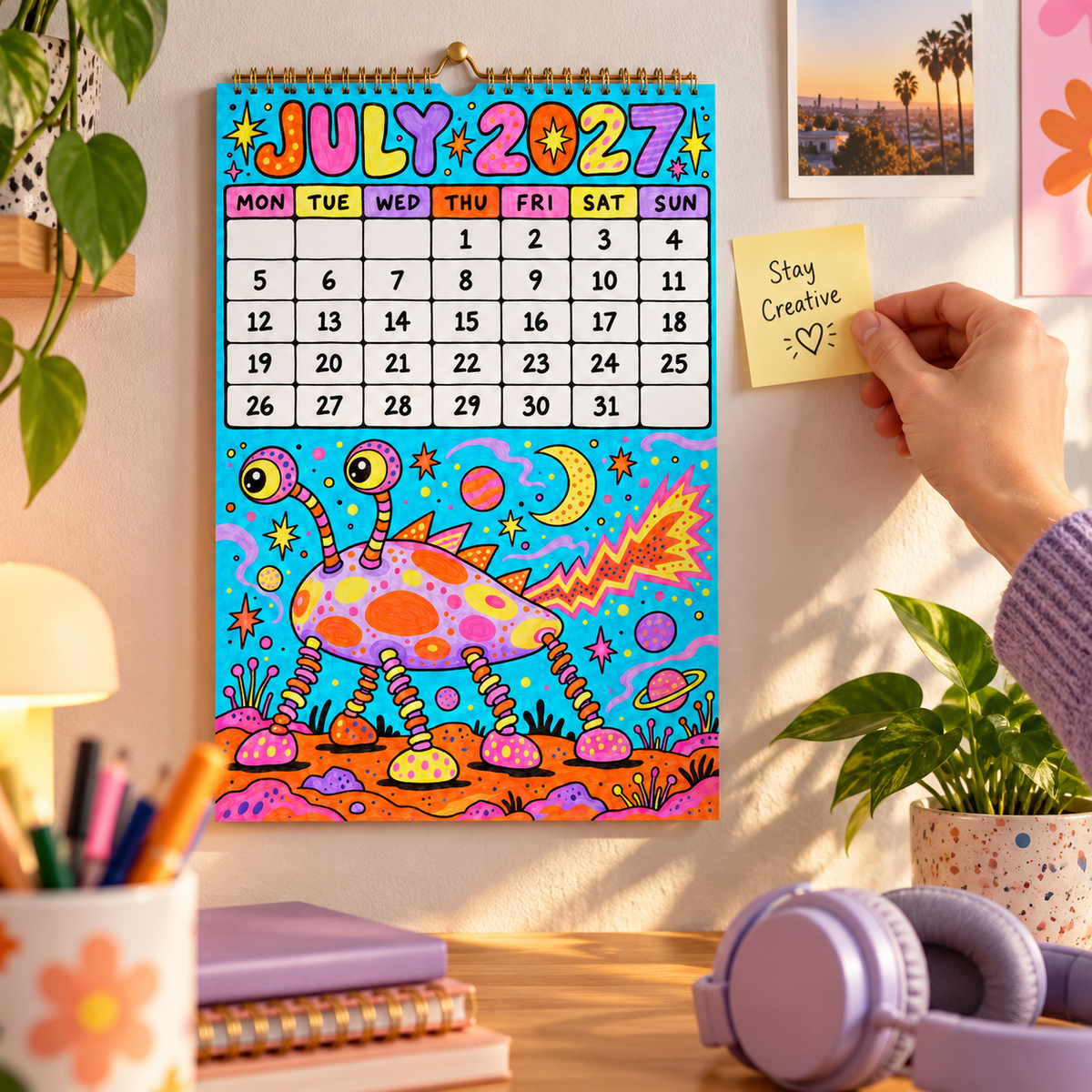 2027 whimsical art wall calendar in a creative room