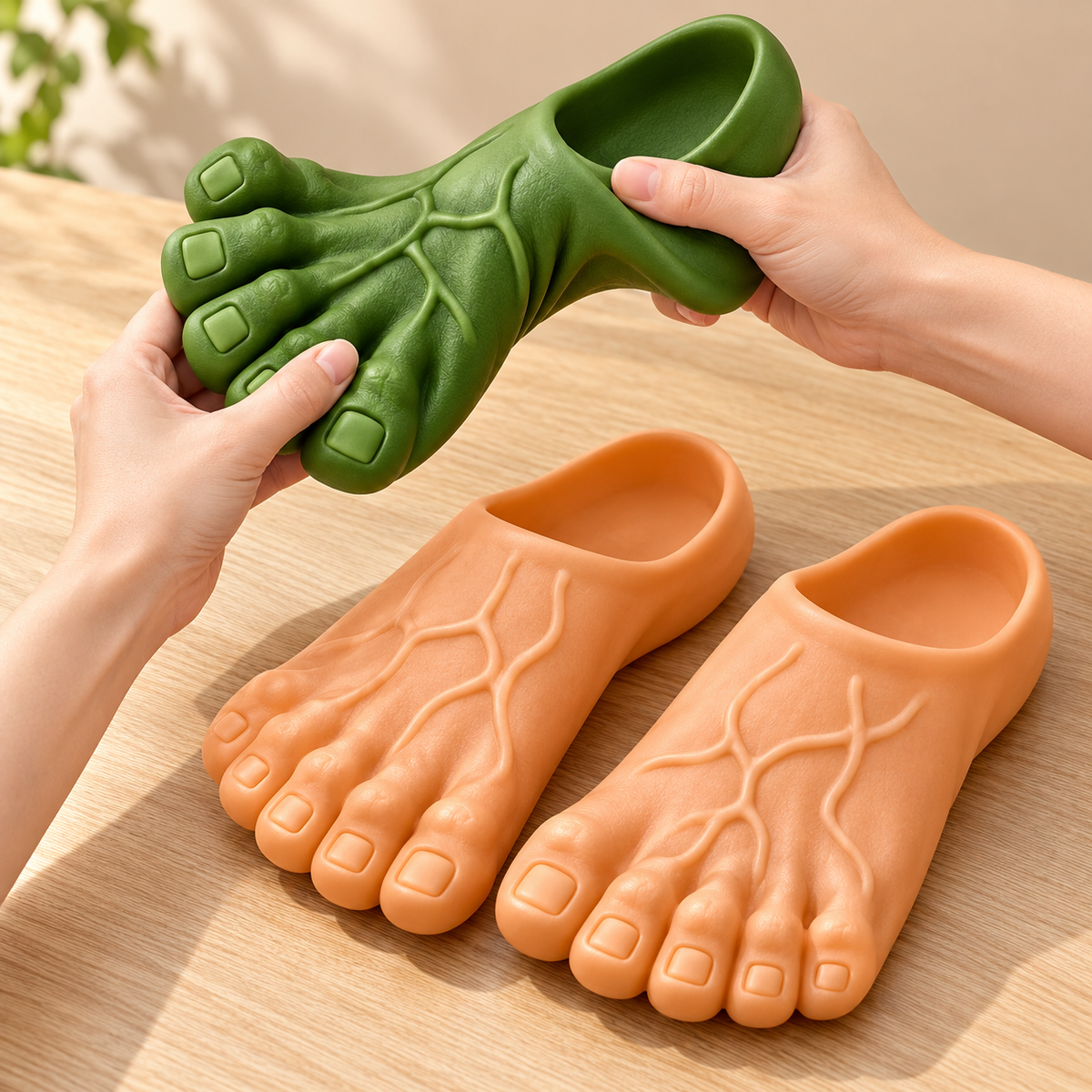 Detailed green Giant Toe Slipper being held