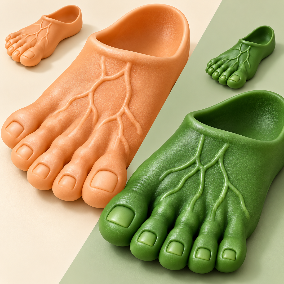 Close-up of peach and green Giant Toe Slippers