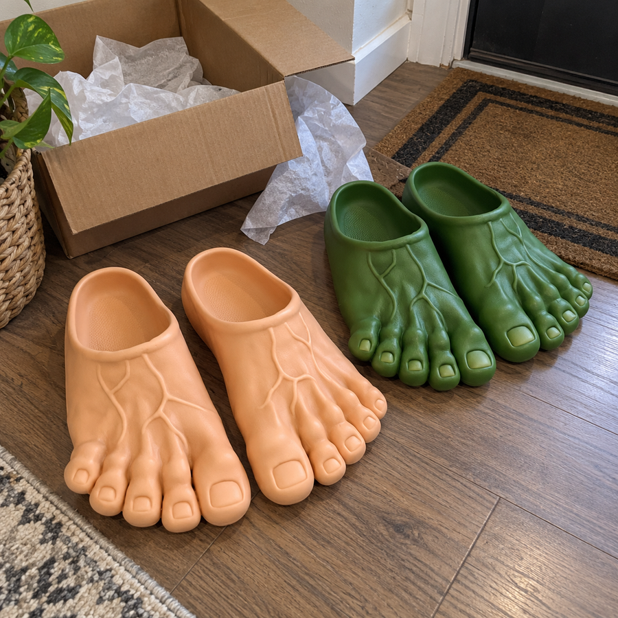 Customer photo of peach and green Giant Toe Slippers after unboxing