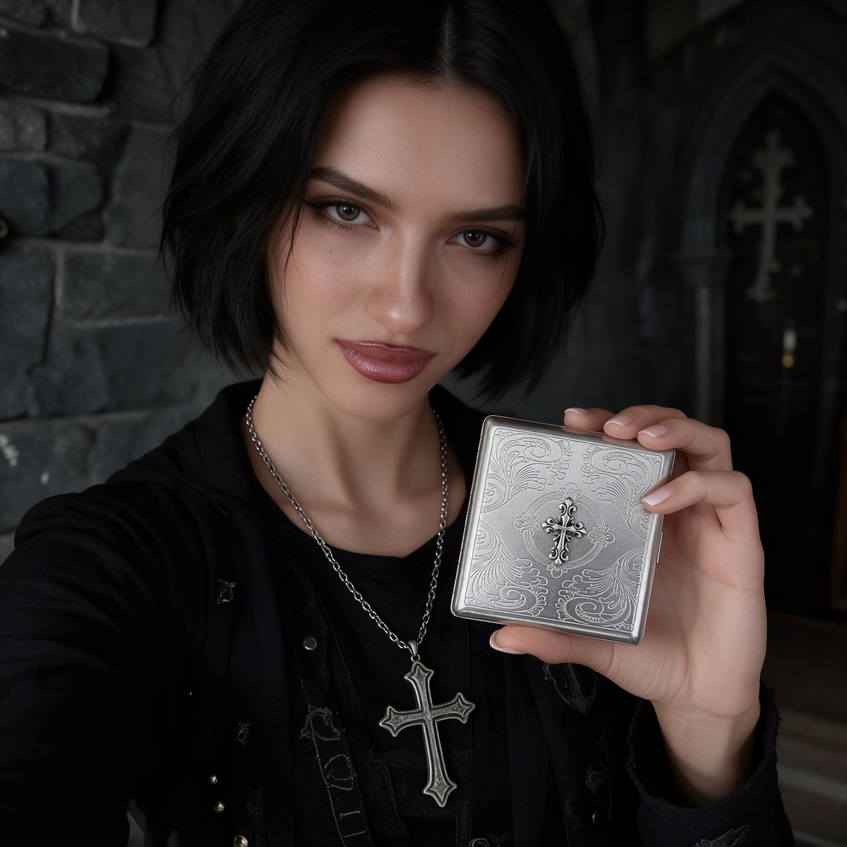 Metal wallet case styled with dark clothing