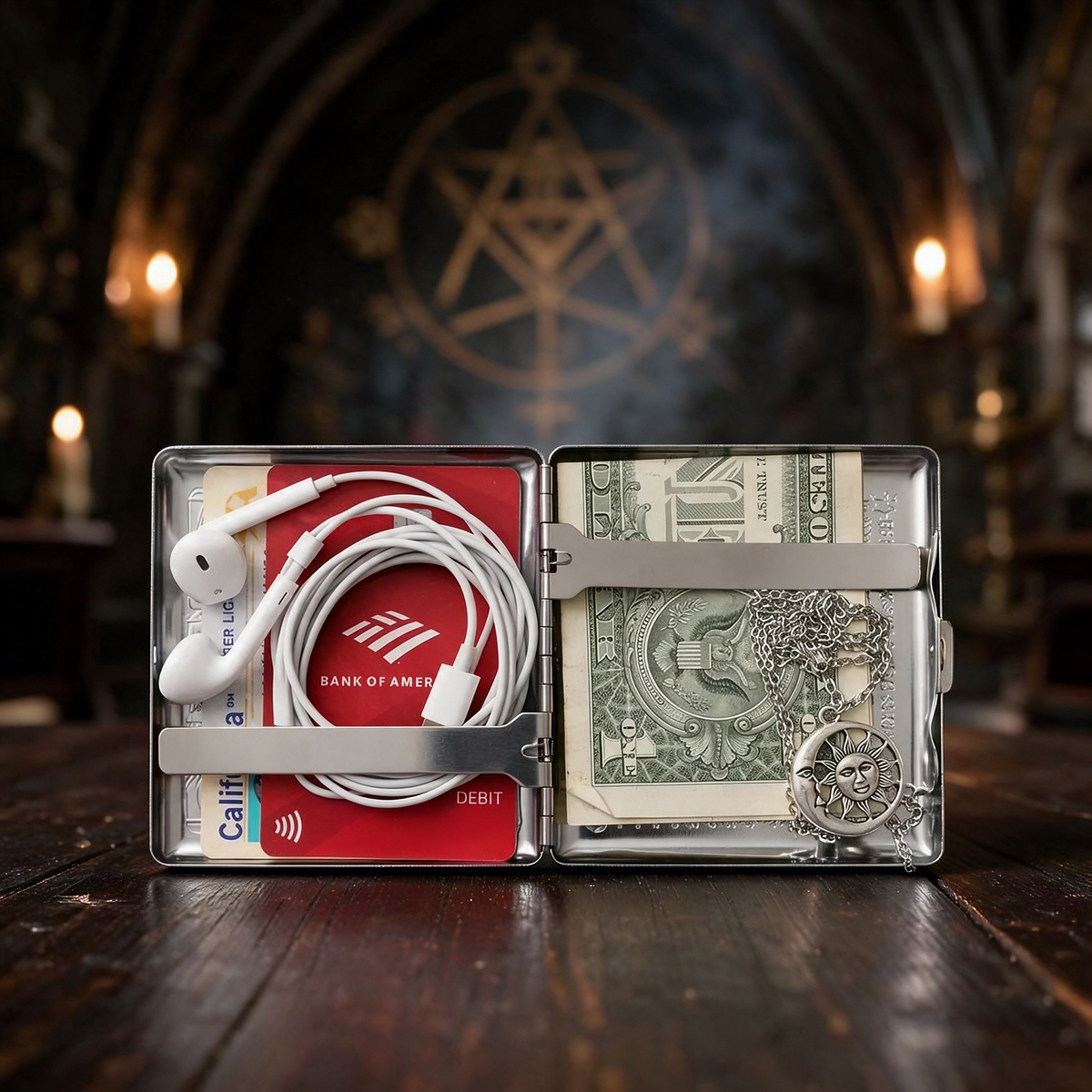 Open metal wallet case with everyday essentials