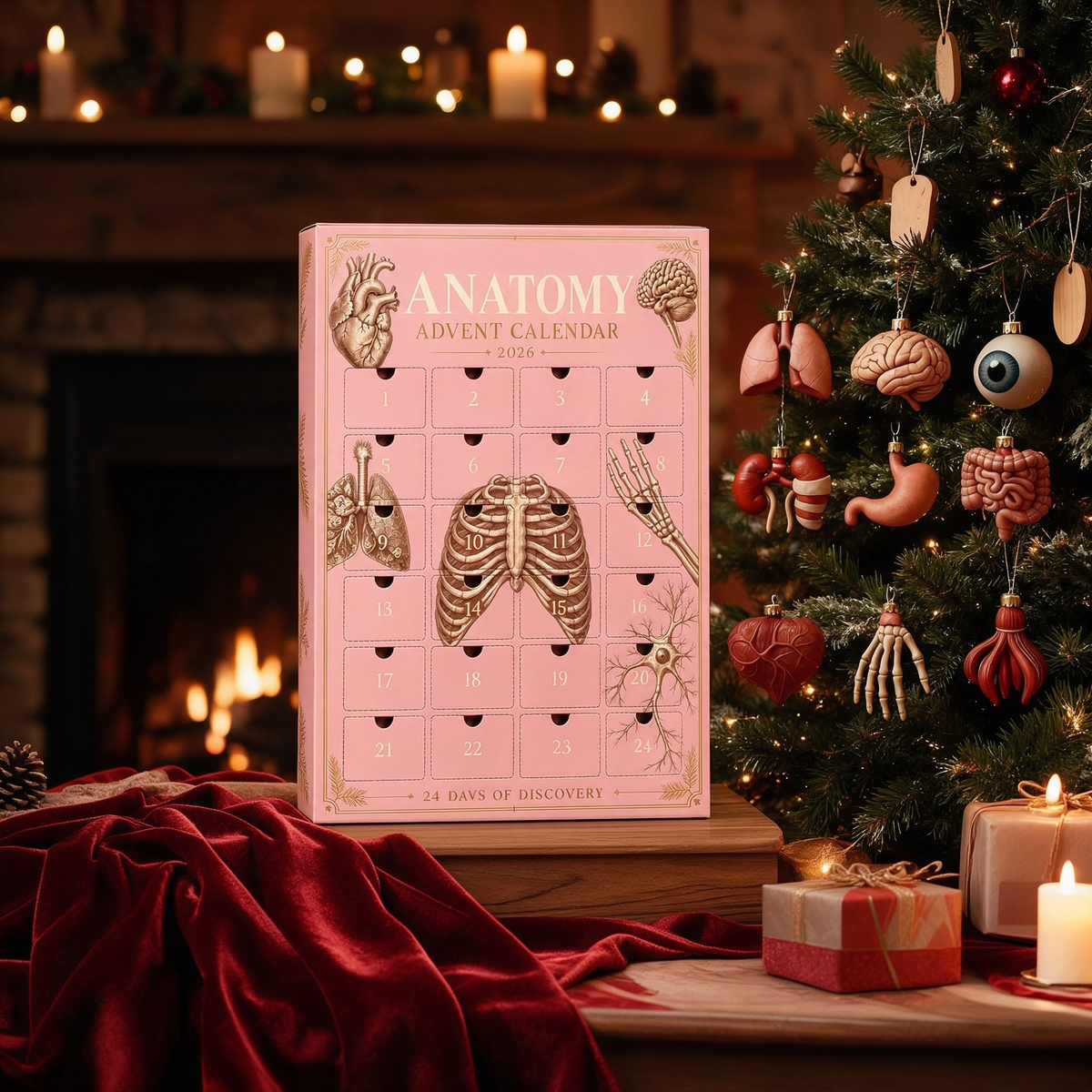Anatomy advent calendar displayed by a decorated tree