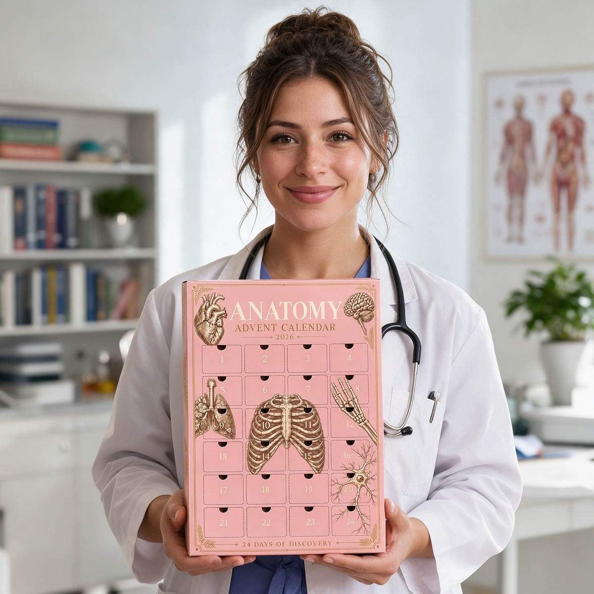 Anatomy advent calendar in a festive workspace