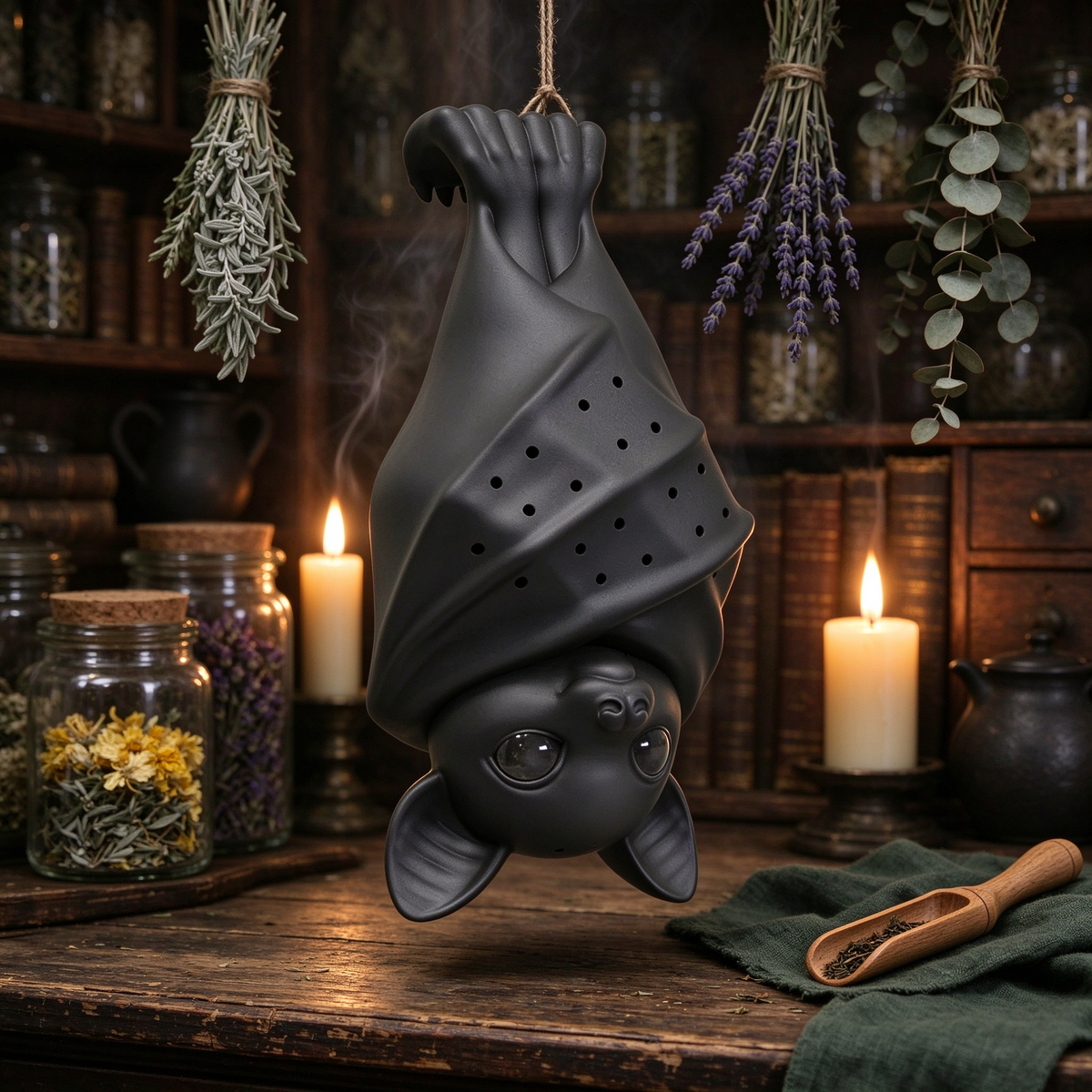 Black bat tea infuser hanging in a tea room