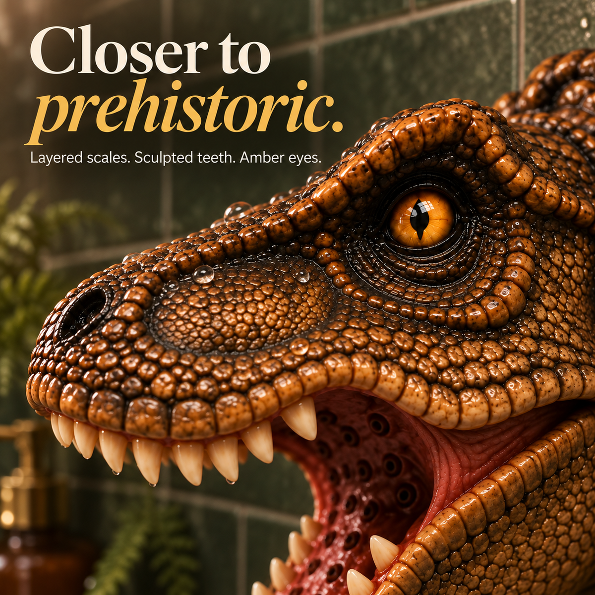 Close-up of T-Rex showerhead sculpted detail