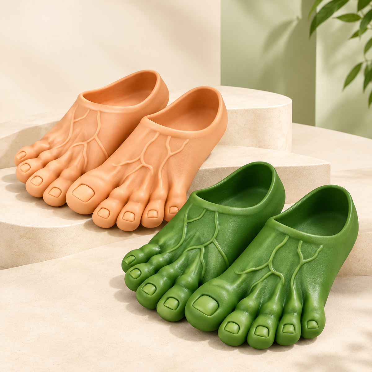 Peach and green Giant Toe Slippers together
