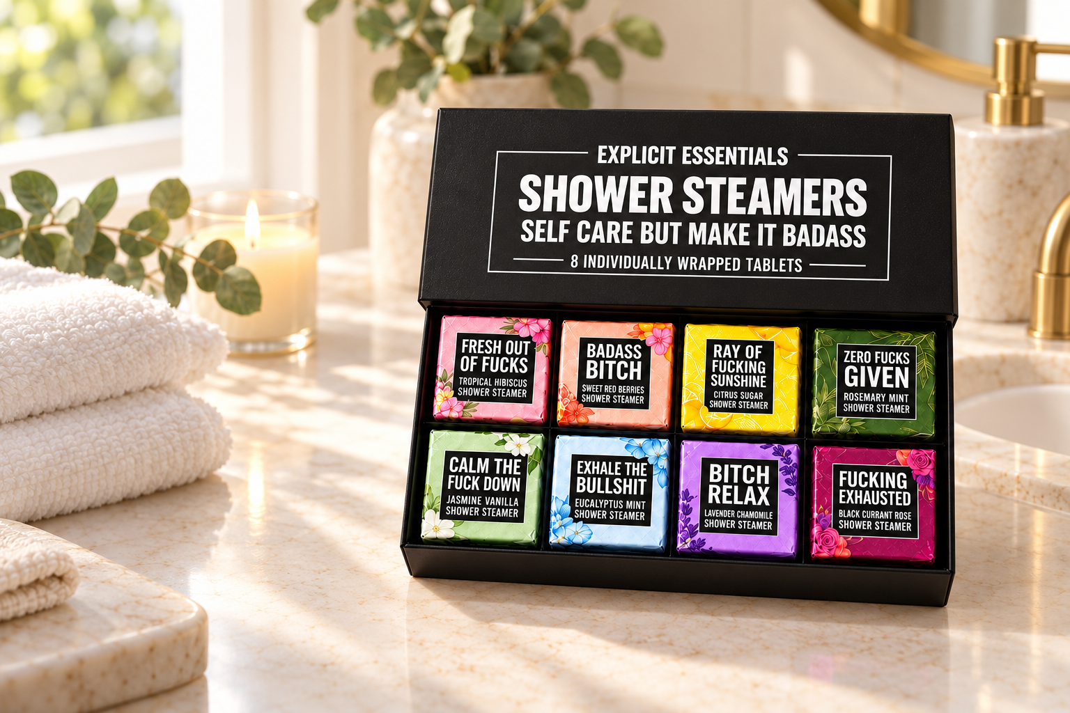 Open Bad Day shower steamer gift box with eight colorful individually wrapped tablets
