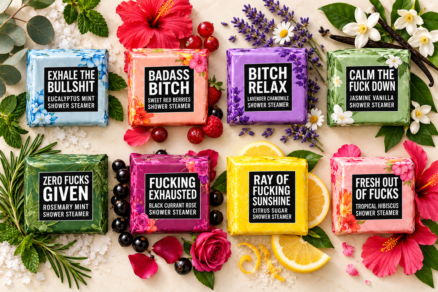 Eight shower steamer scents arranged with their matching botanical ingredients