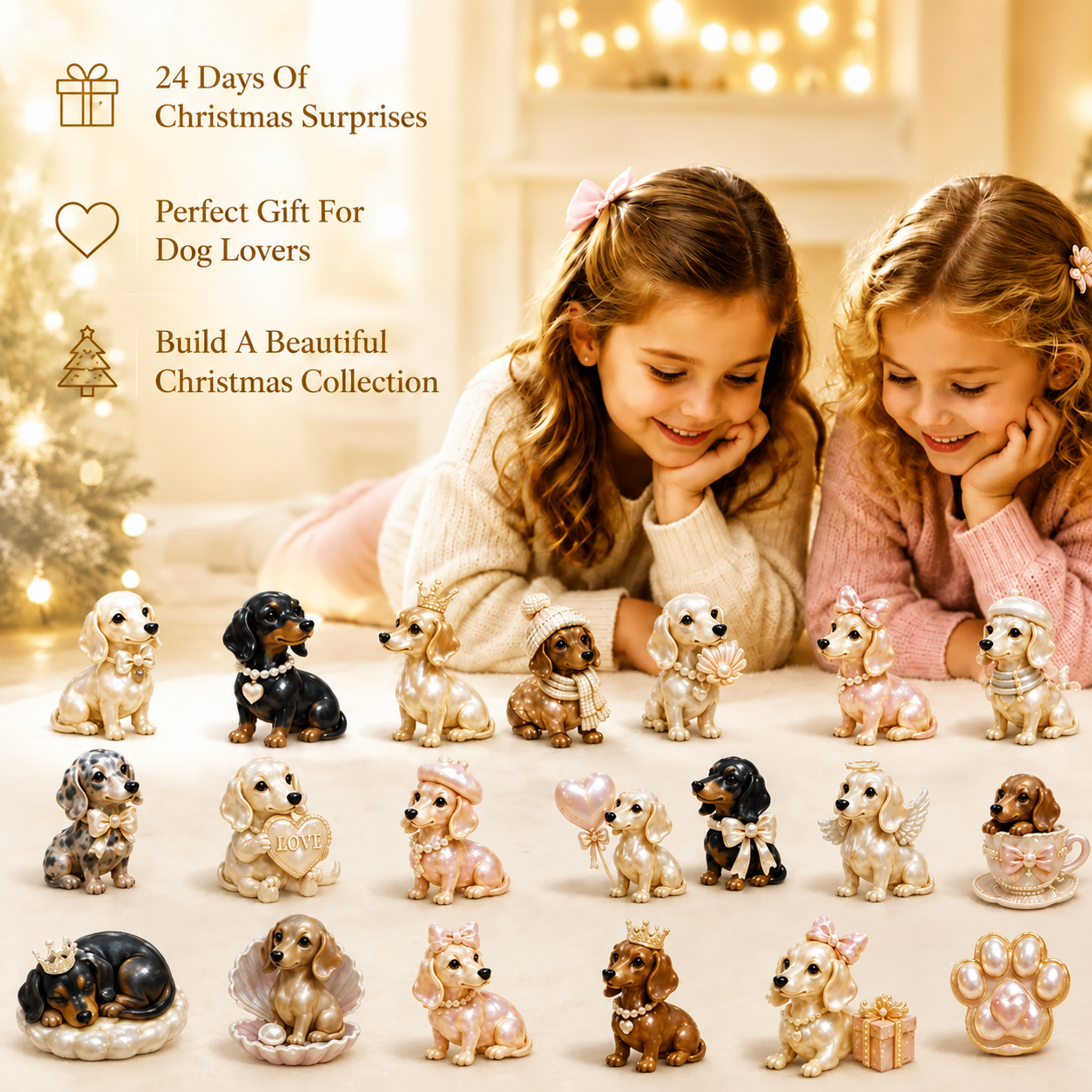 Complete collection of 24 pearl dachshund ornaments