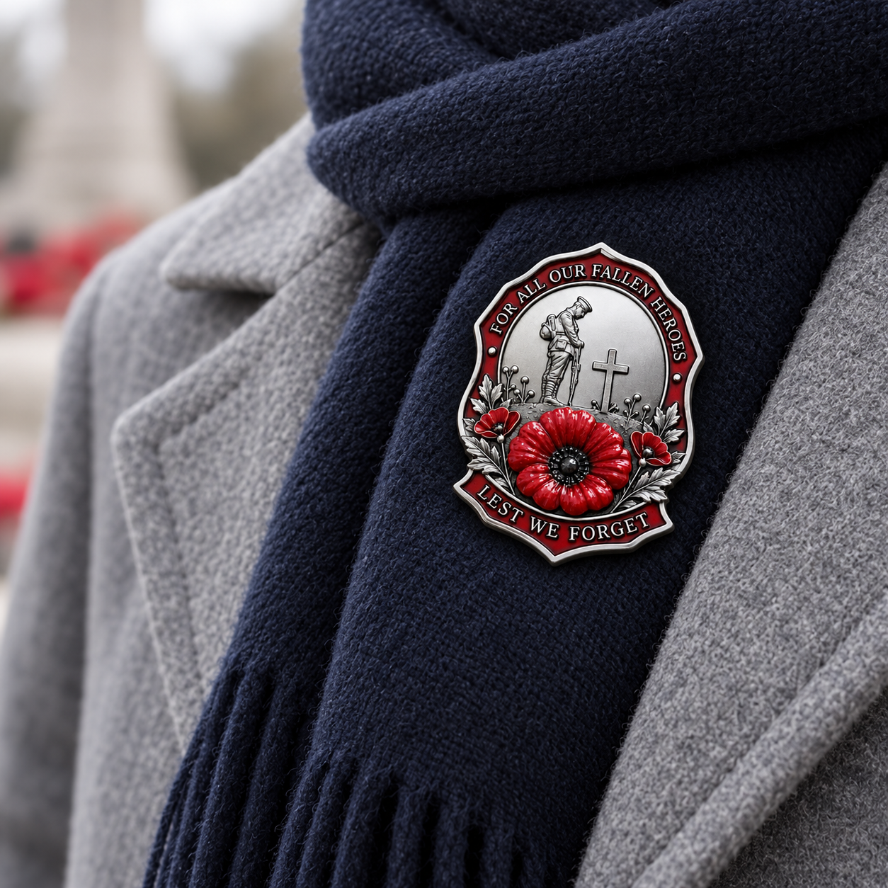Silver-tone remembrance brooch worn on a navy scarf