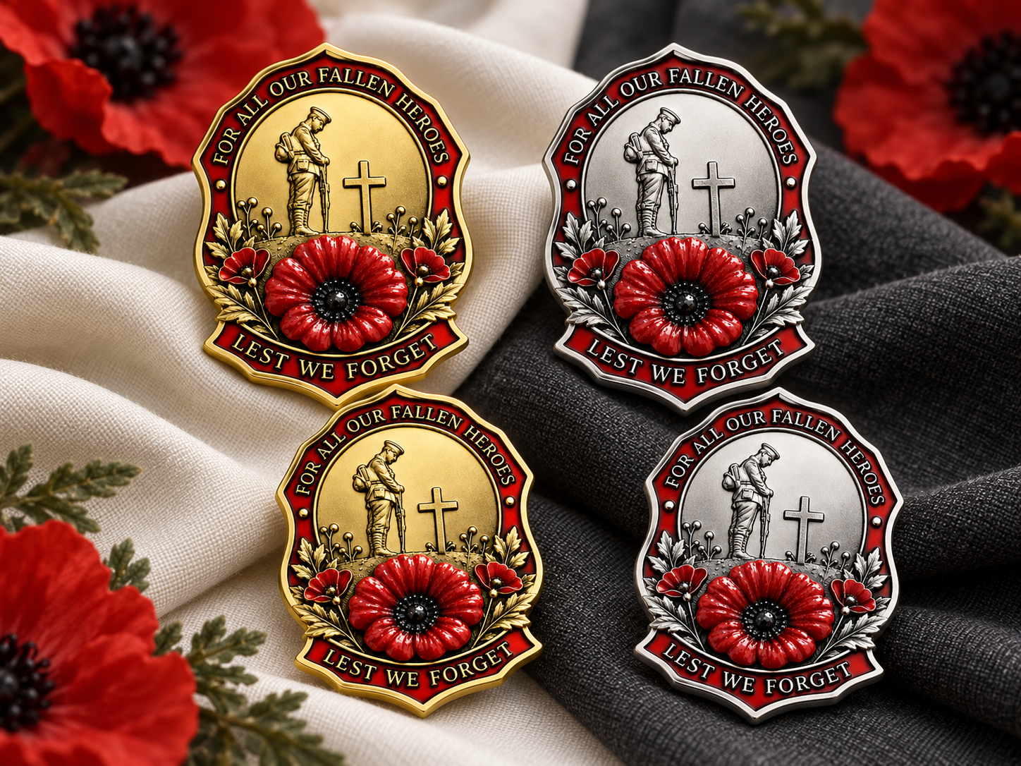 A group of gold-tone and silver-tone remembrance brooches arranged together