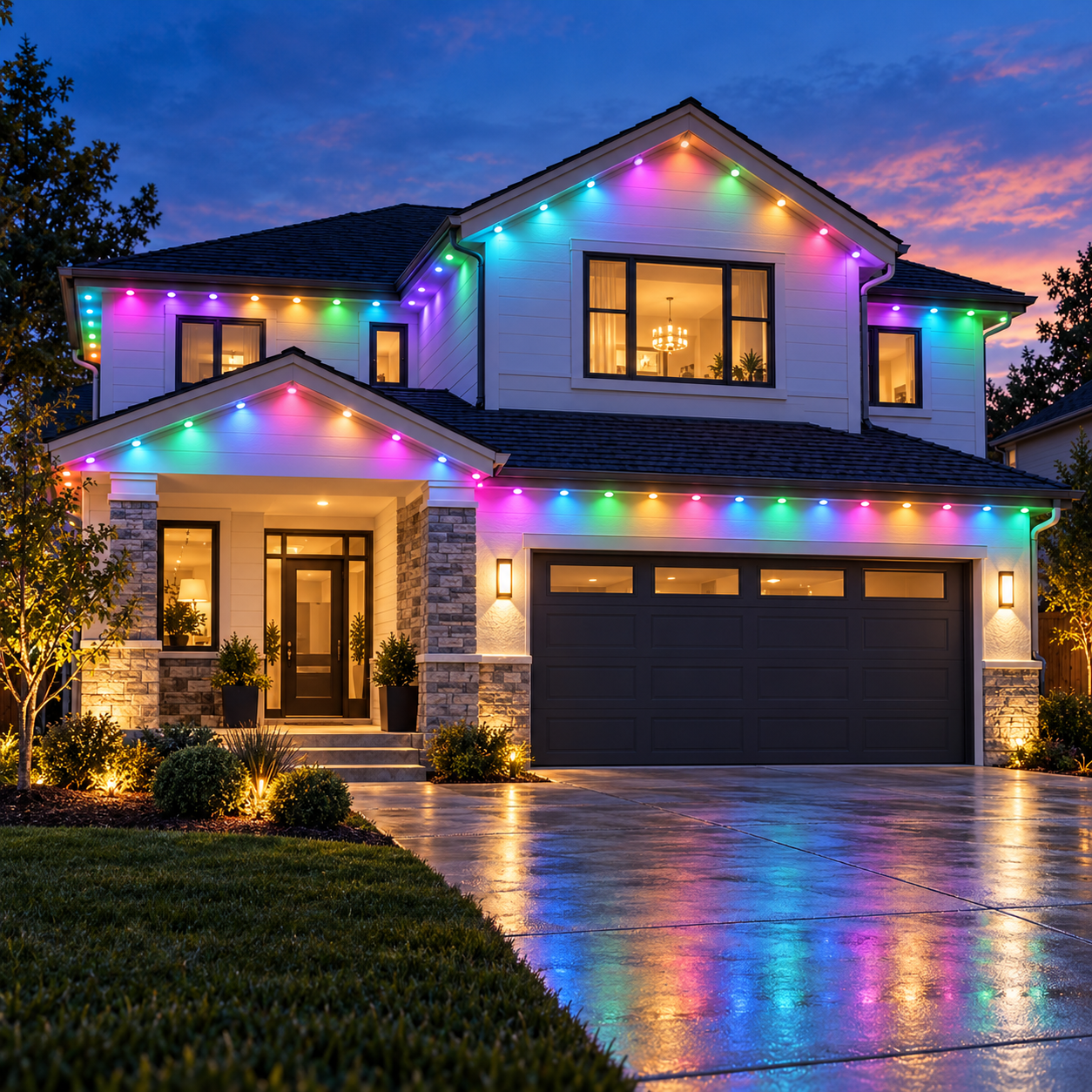 Ten-meter smart outdoor light run across a garage roofline