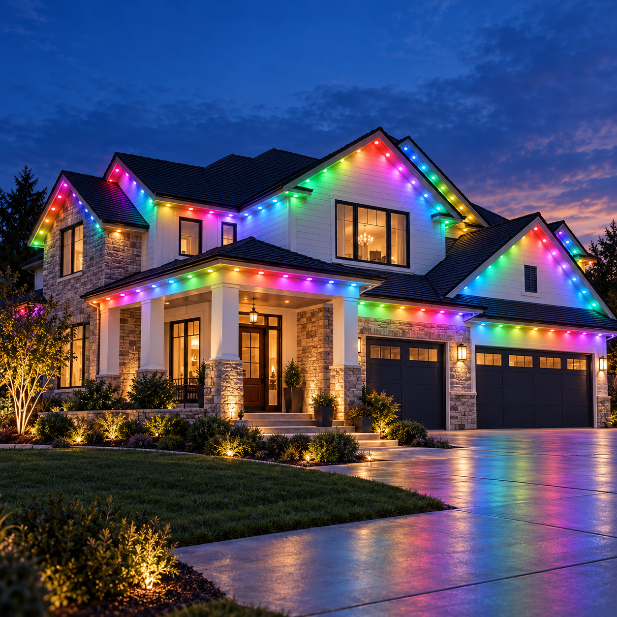 Twenty-meter smart outdoor light run across a large multi-gable home