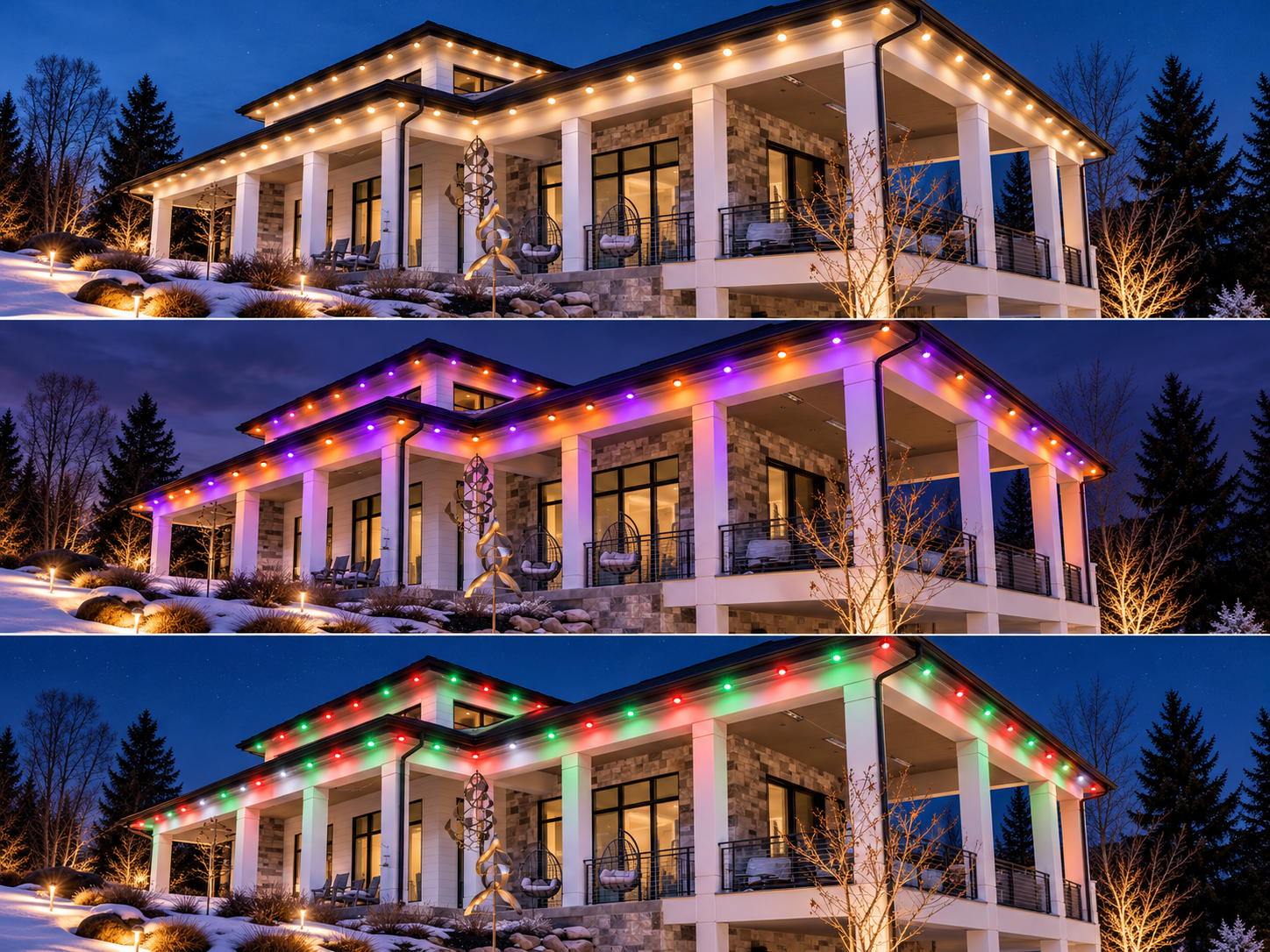The same permanent outdoor lighting changing between everyday, Halloween and Christmas colors