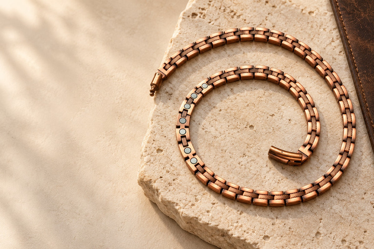 Copper necklace on warm cream stone, with its front links and a turned-over magnet segment visible