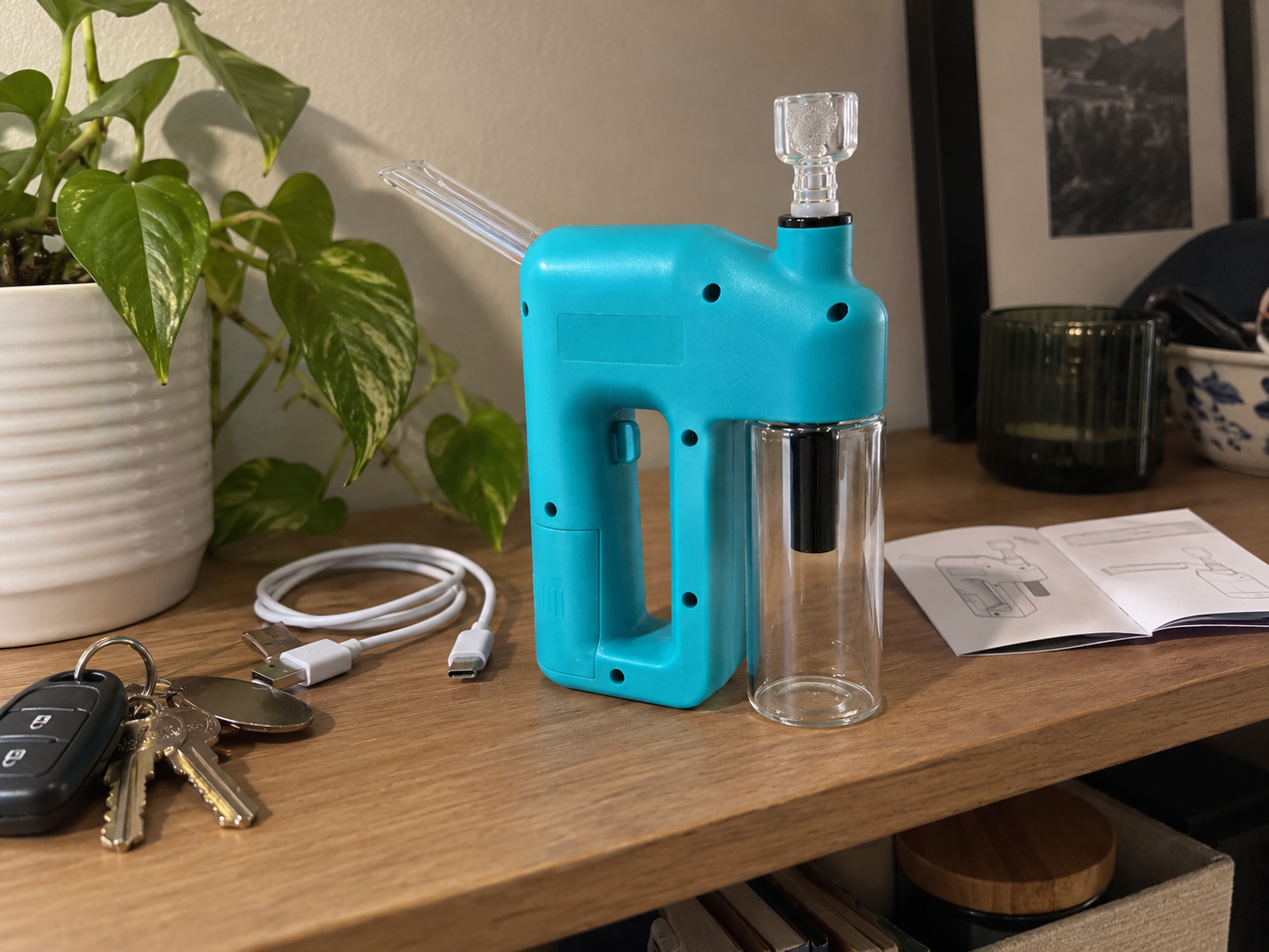 Lake blue device in an ordinary home shelf setting