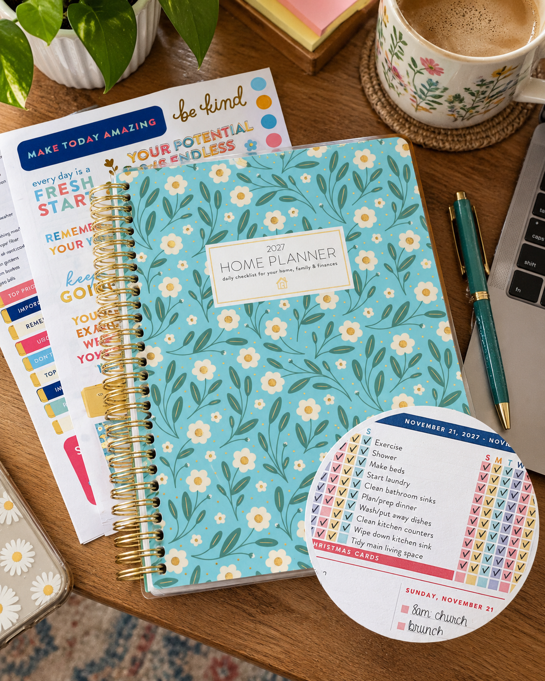 Illustrative buyer-style view of the 2027 Home Planner on a lived-in desk