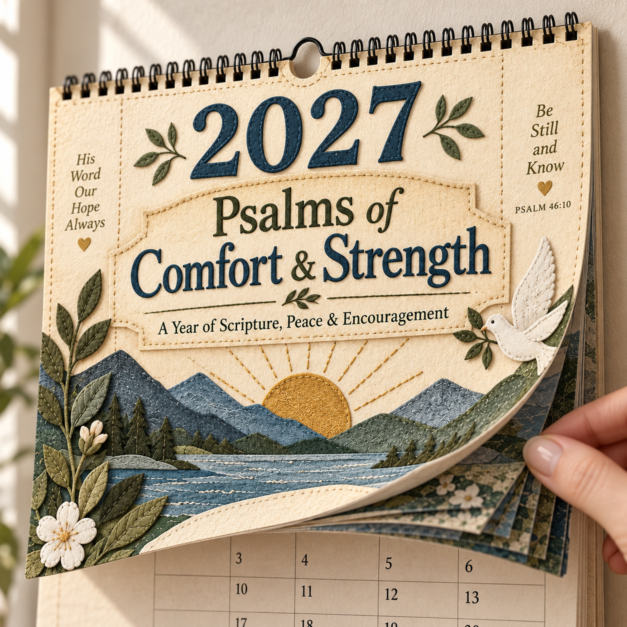 Close view of the calendar's spiral binding and layered artwork