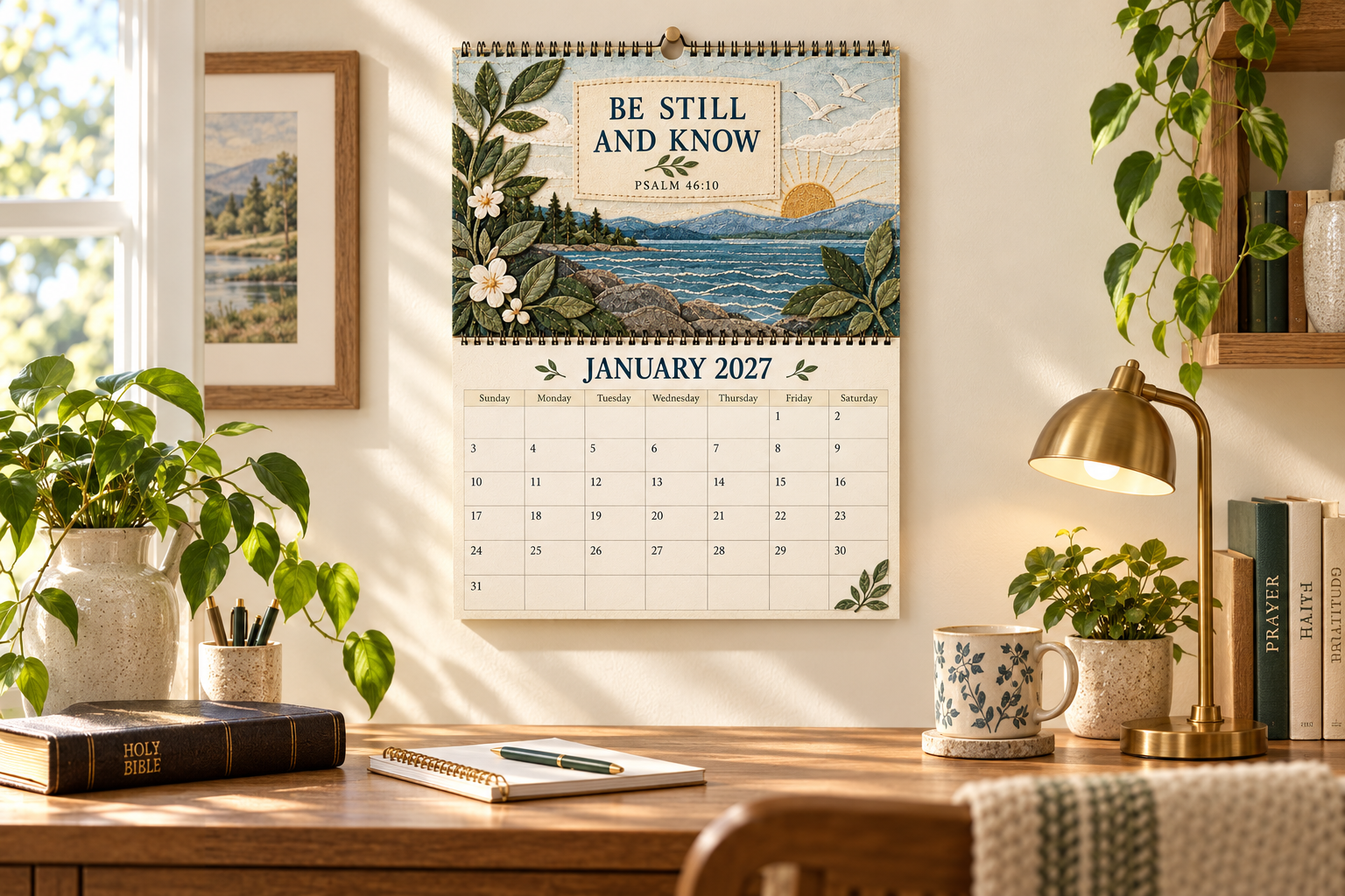 Open Psalms calendar displayed above a warm home office desk