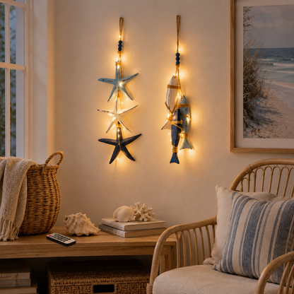23.2 in × 6.7 in Lighted Coastal Wooden Starfish & Fish Hanging Decor