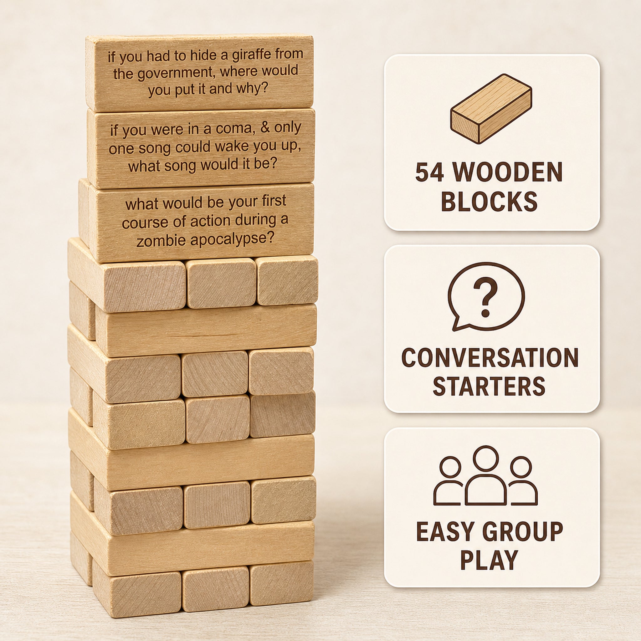 Ice breaker tumbling tower with 54 printed wooden conversation blocks