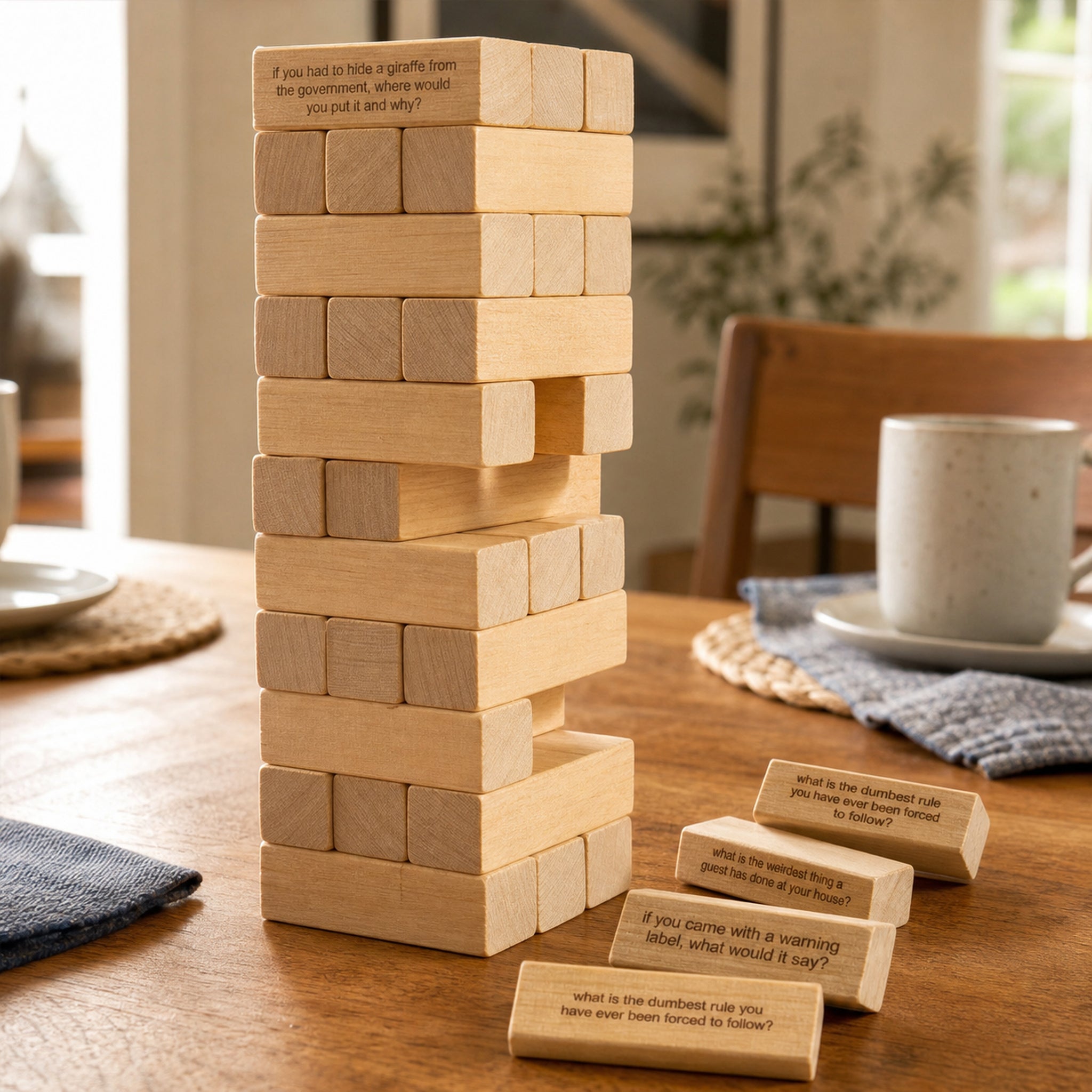 Wooden ice breaker question tower ready for play