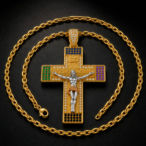 Multicolor Zircon Jesus Crucifix Gold‑Tone Stainless Steel Necklace