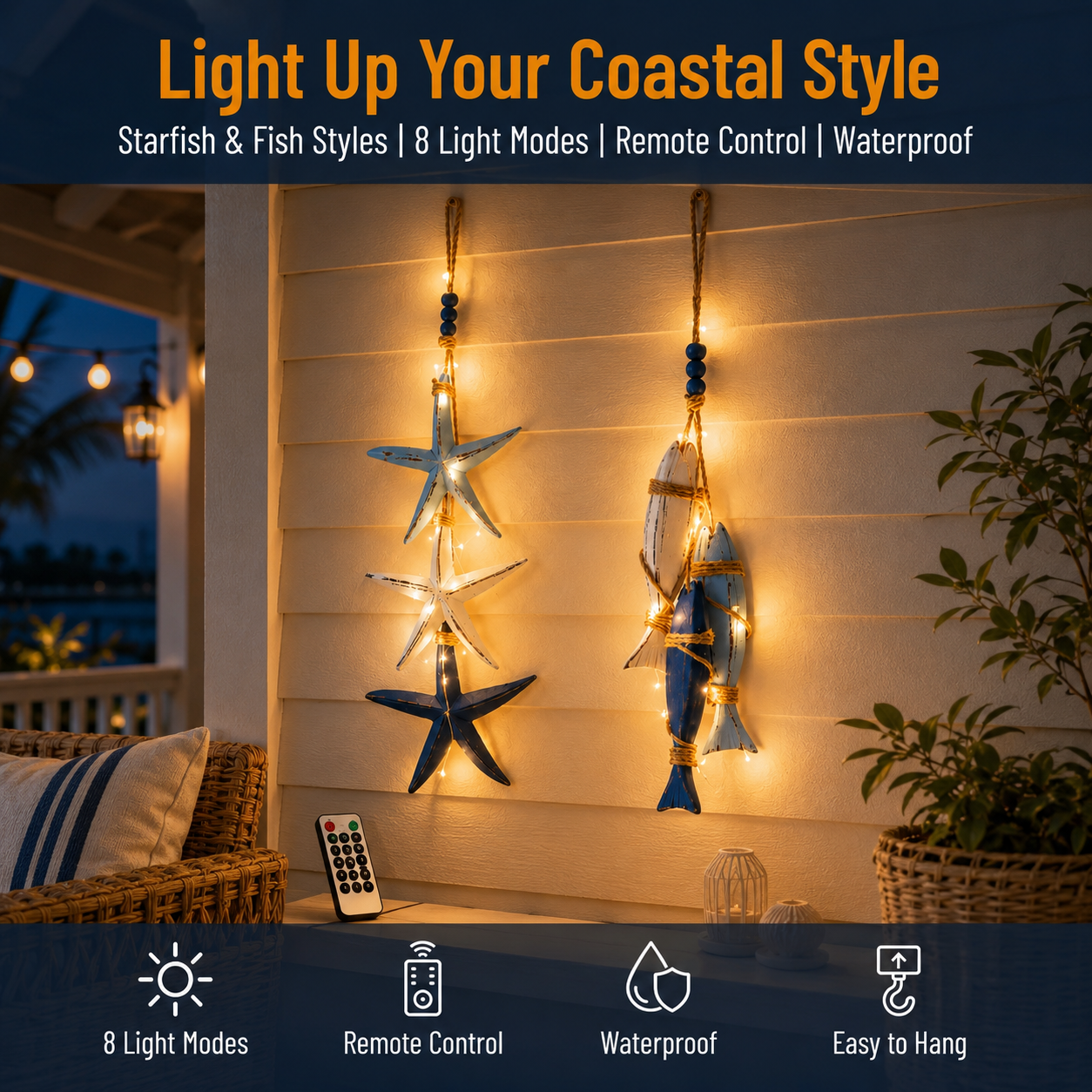 23.2 in × 6.7 in Lighted Coastal Wooden Starfish & Fish Hanging Decor