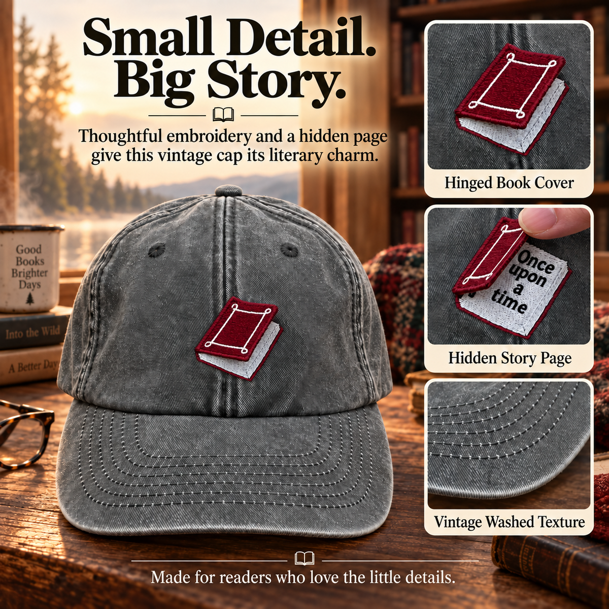 📚 Once Upon a Time Interactive Book Hat – Vintage Washed Reader Cap