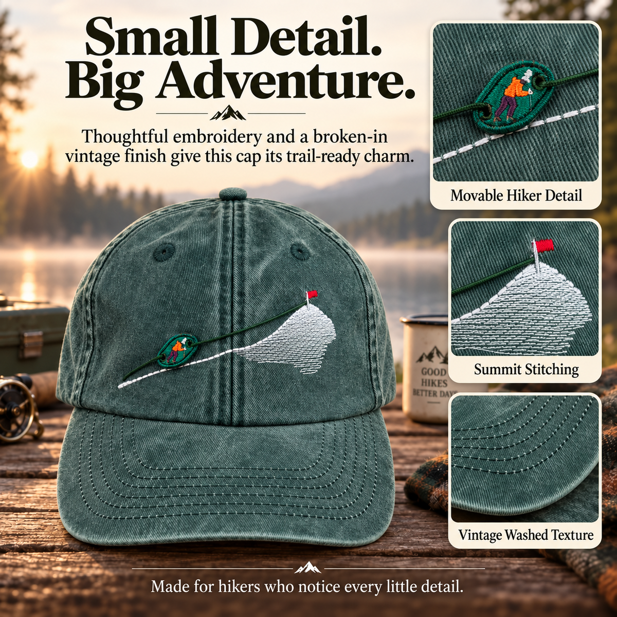 Close-up details of movable climber, summit embroidery and washed texture