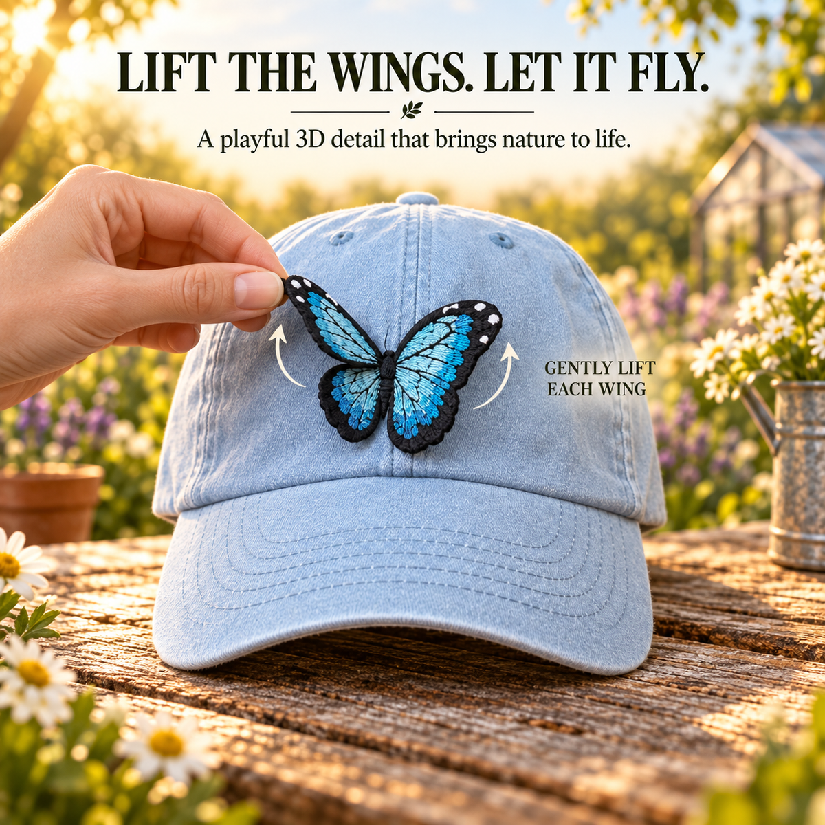Hand gently lifting the dimensional embroidered butterfly wings on blue cap