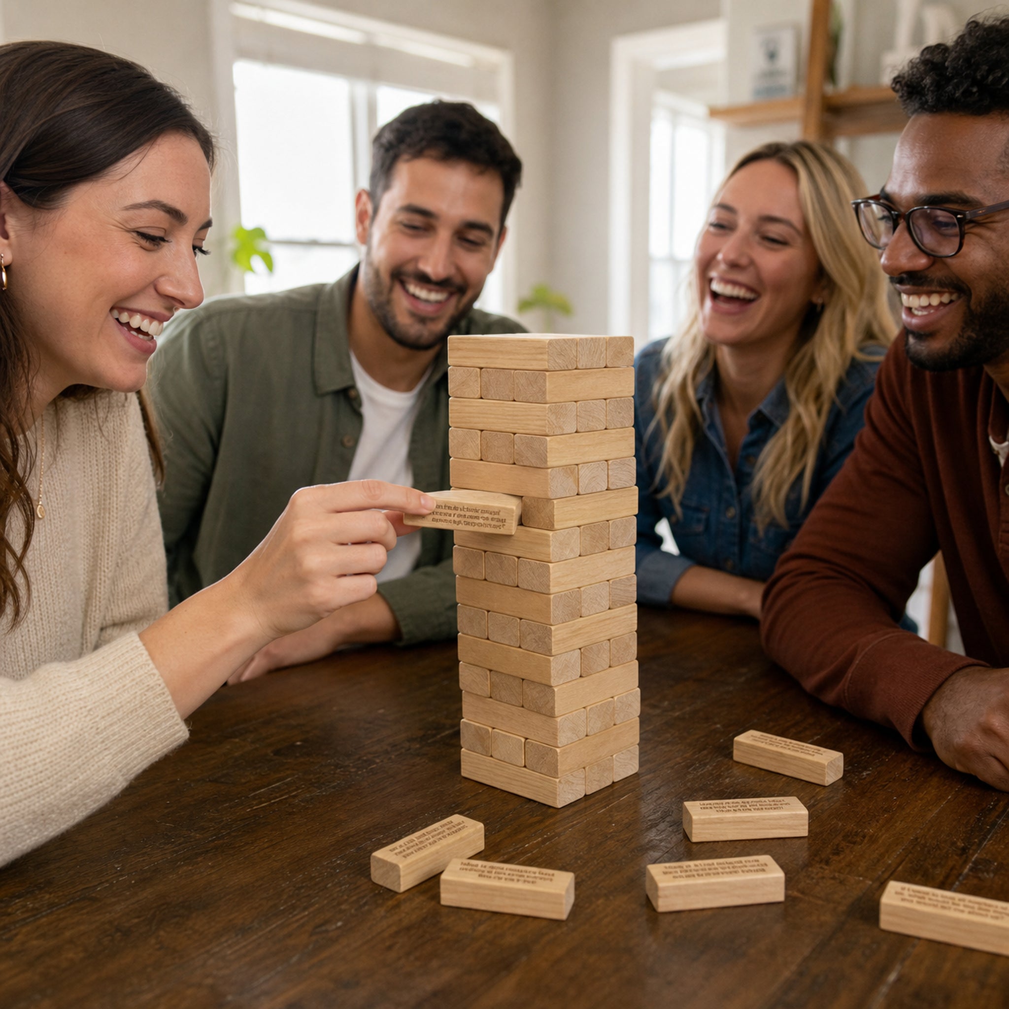 Group playing the wooden question tumbling tower game