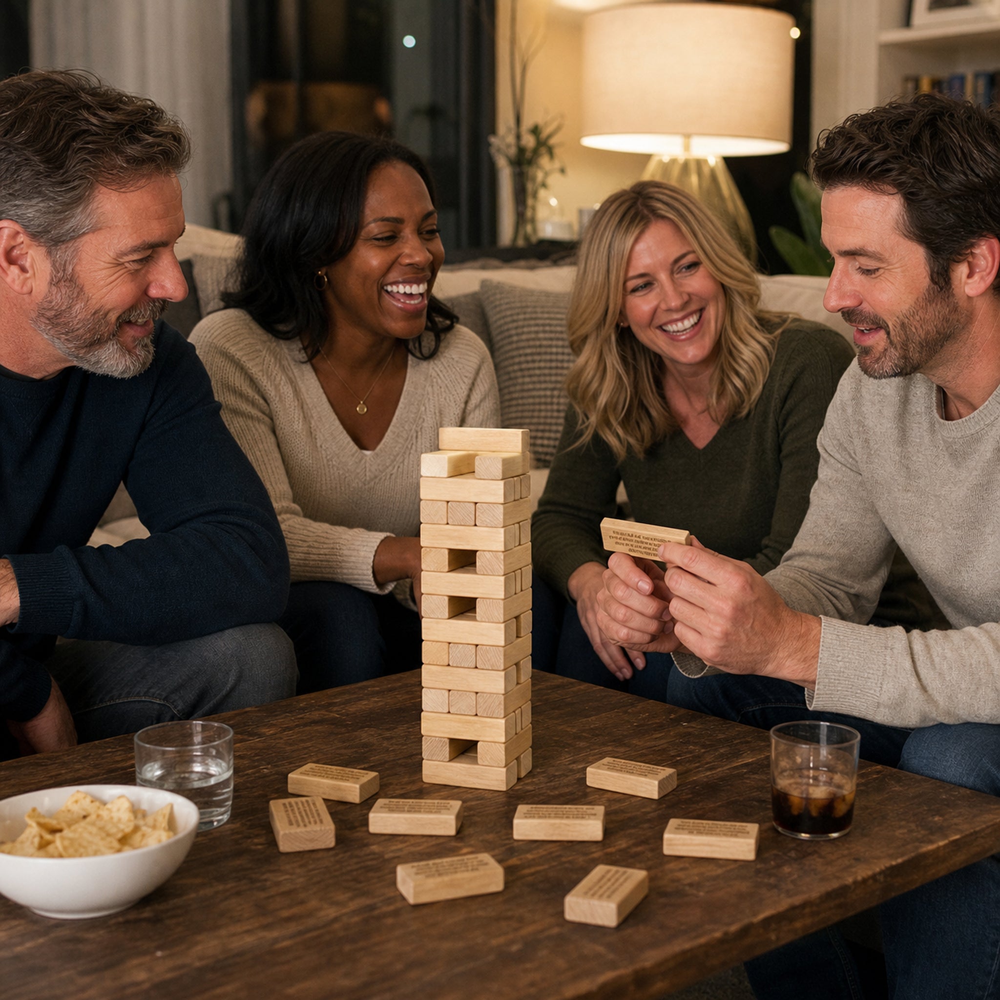 Friends laughing around an ice breaker questions tumbling tower