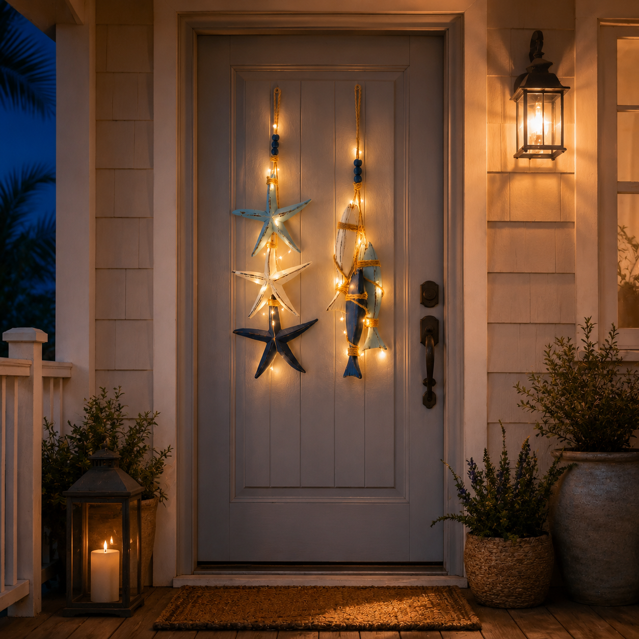 23.2 in × 6.7 in Lighted Coastal Wooden Starfish & Fish Hanging Decor