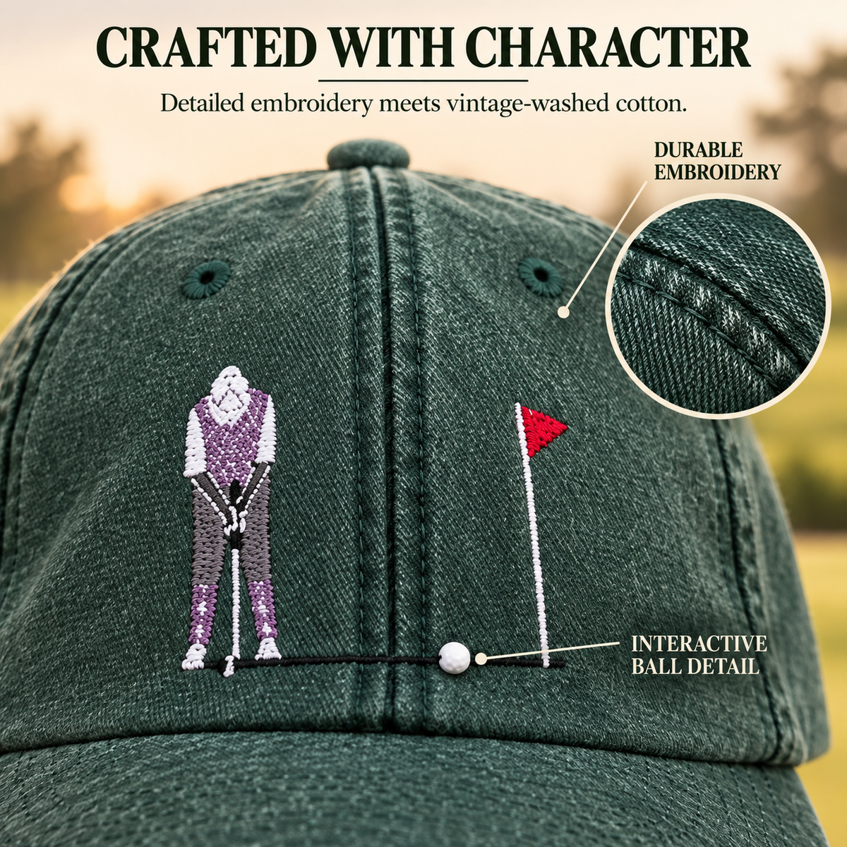 ⛳Interactive Golf Ball Cap – Vintage Washed Embroidered Golf Hat