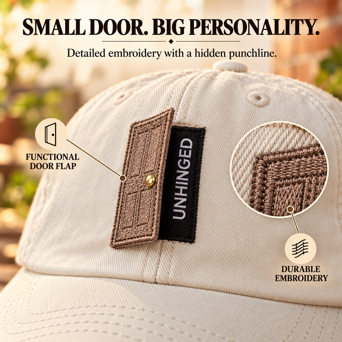 🚪 Unhinged Interactive Door Hat – Vintage Washed Secret Message Cap