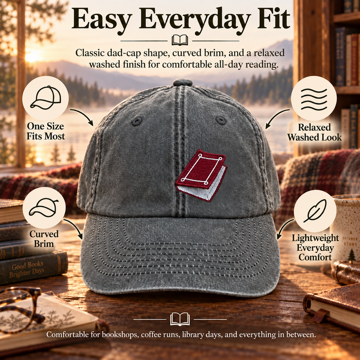 Classic washed charcoal reader cap with curved brim and everyday fit