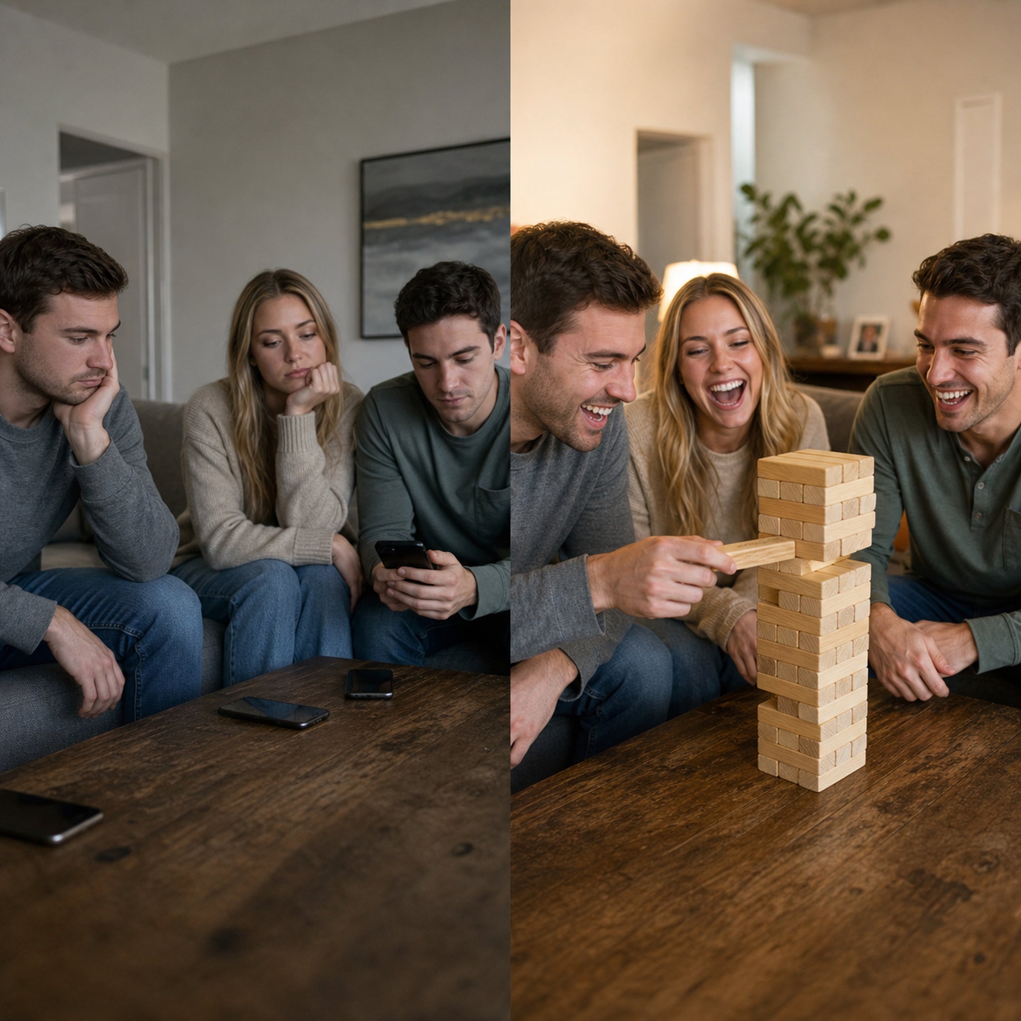 Before and after scene showing how the question tower starts conversation