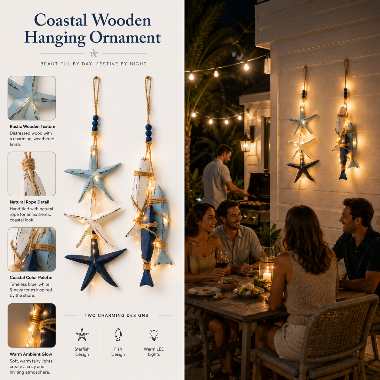23.2 in × 6.7 in Lighted Coastal Wooden Starfish & Fish Hanging Decor