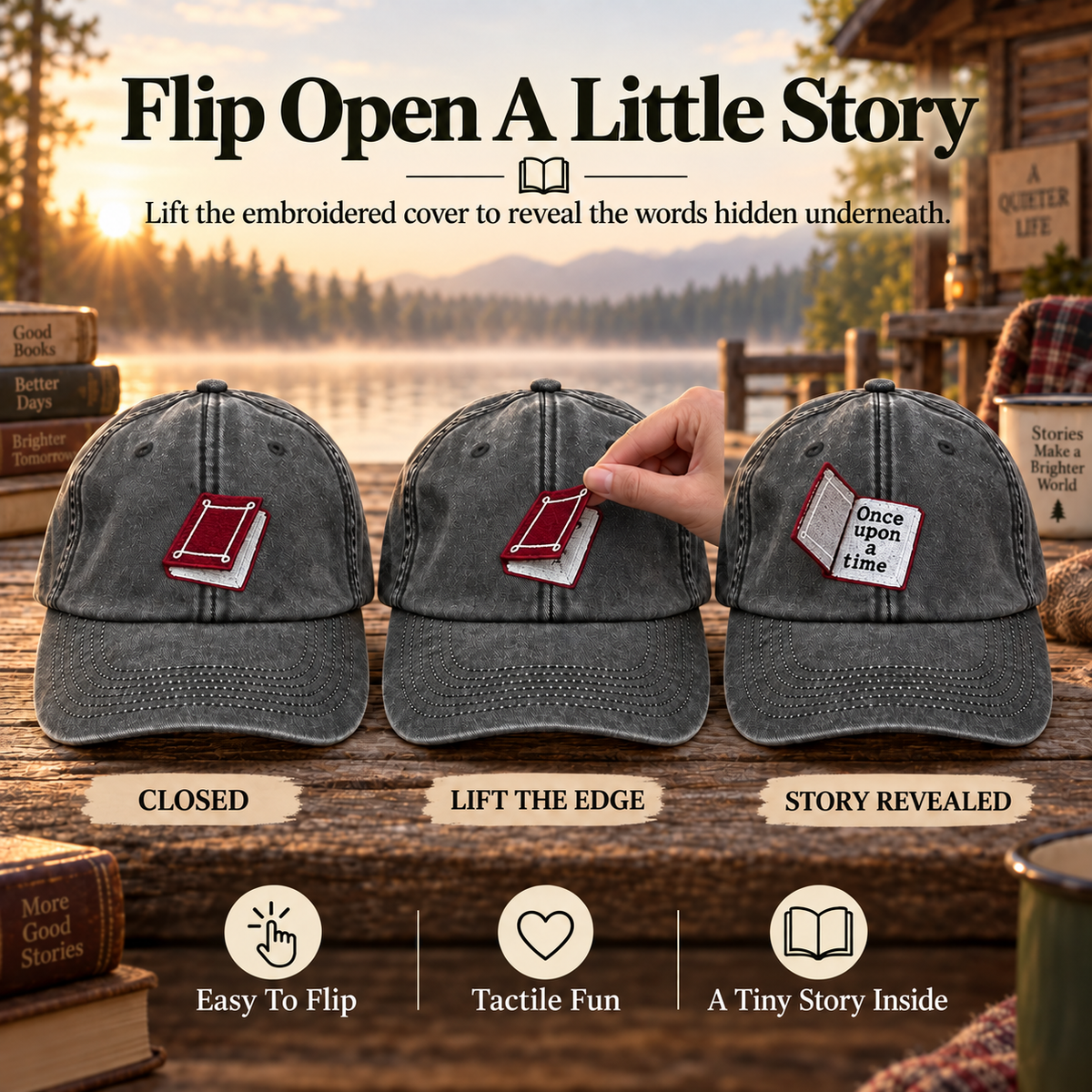 📚 Once Upon a Time Interactive Book Hat – Vintage Washed Reader Cap