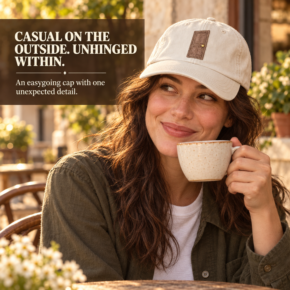 Woman wearing the vintage washed interactive door cap at an outdoor cafe