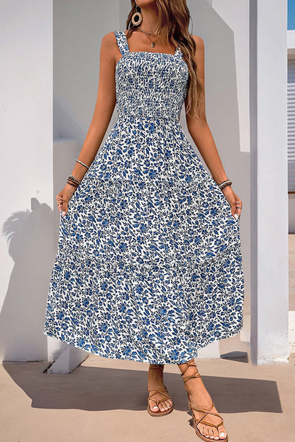 Fashion Smocked Floral Print Casual Dress