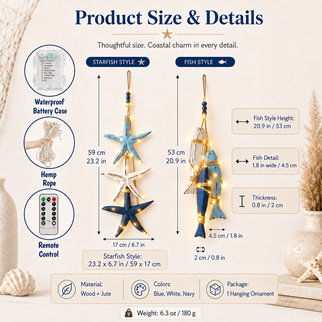 23.2 in × 6.7 in Lighted Coastal Wooden Starfish & Fish Hanging Decor